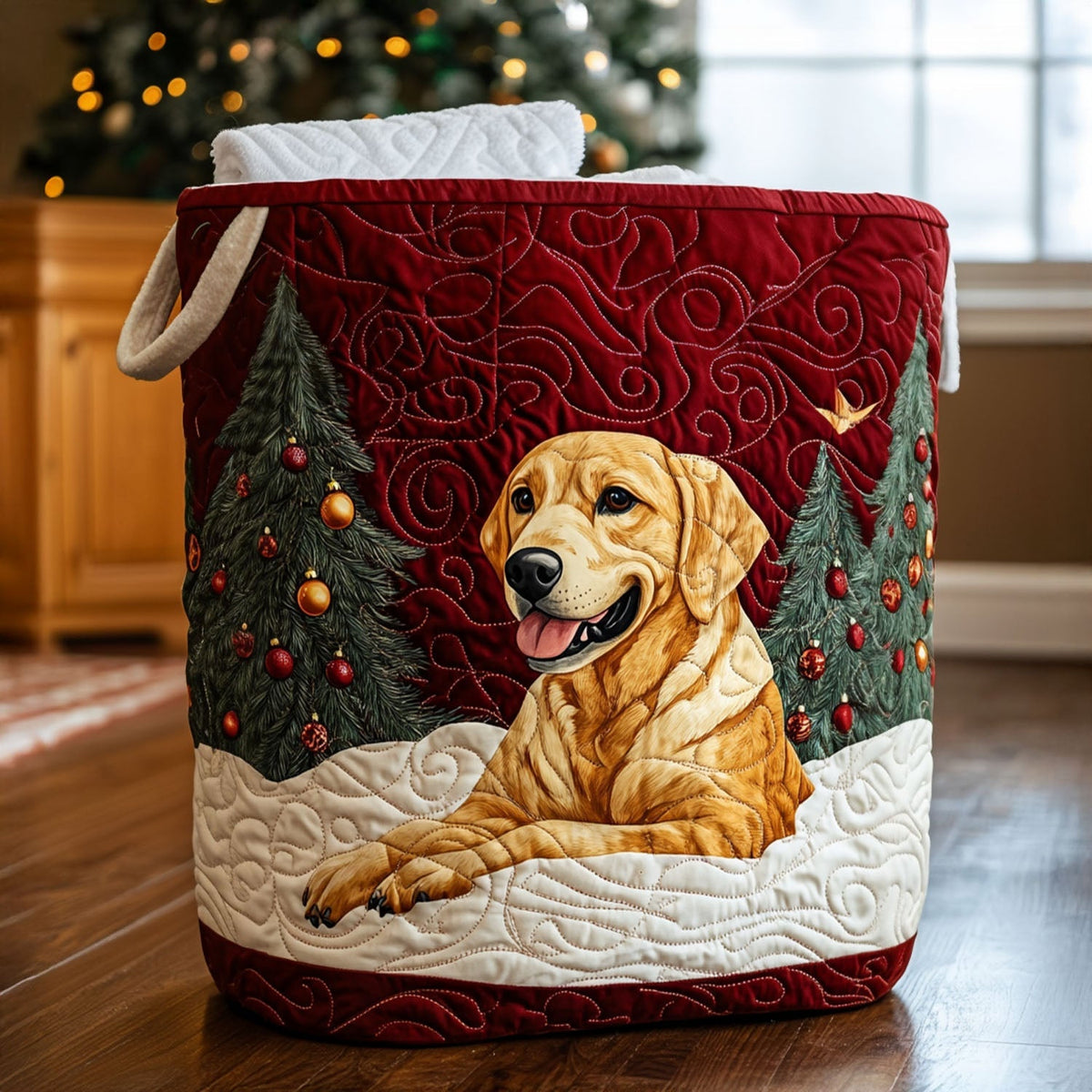 Golden Christmas Glow Quilted Laundry Basket Winter Merch Essentials