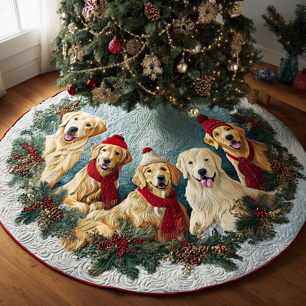 Golden Retriever Magic Quilted Christmas Tree Skirt Exclusive Holiday Tree Skirt Gift for Families Charming Tree Skirt for Family Gatherings