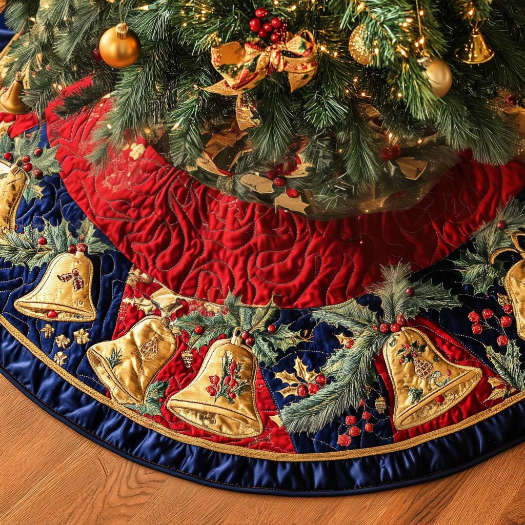 Golden Ribbons Christmas Quilted Tree Skirt Lovely Gift Merch for a Festive Home