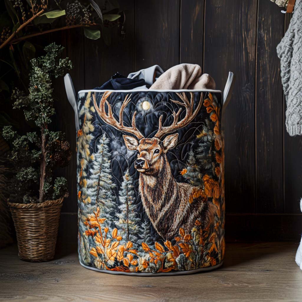 Graceful Elk Scene Quilted Laundry Basket Holiday Merch Gift