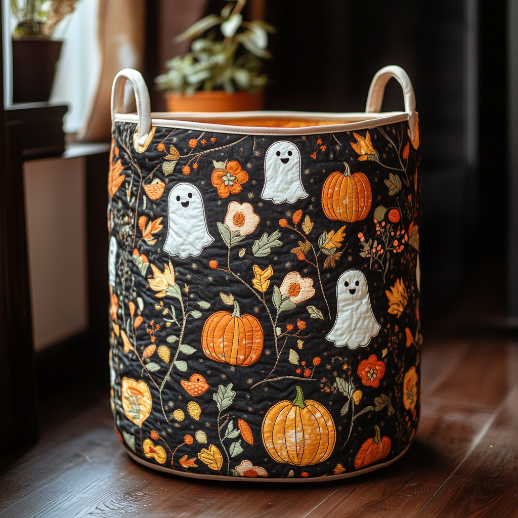 Haunted Leaves Quilted Laundry Basket Thanksgiving Merch Gift