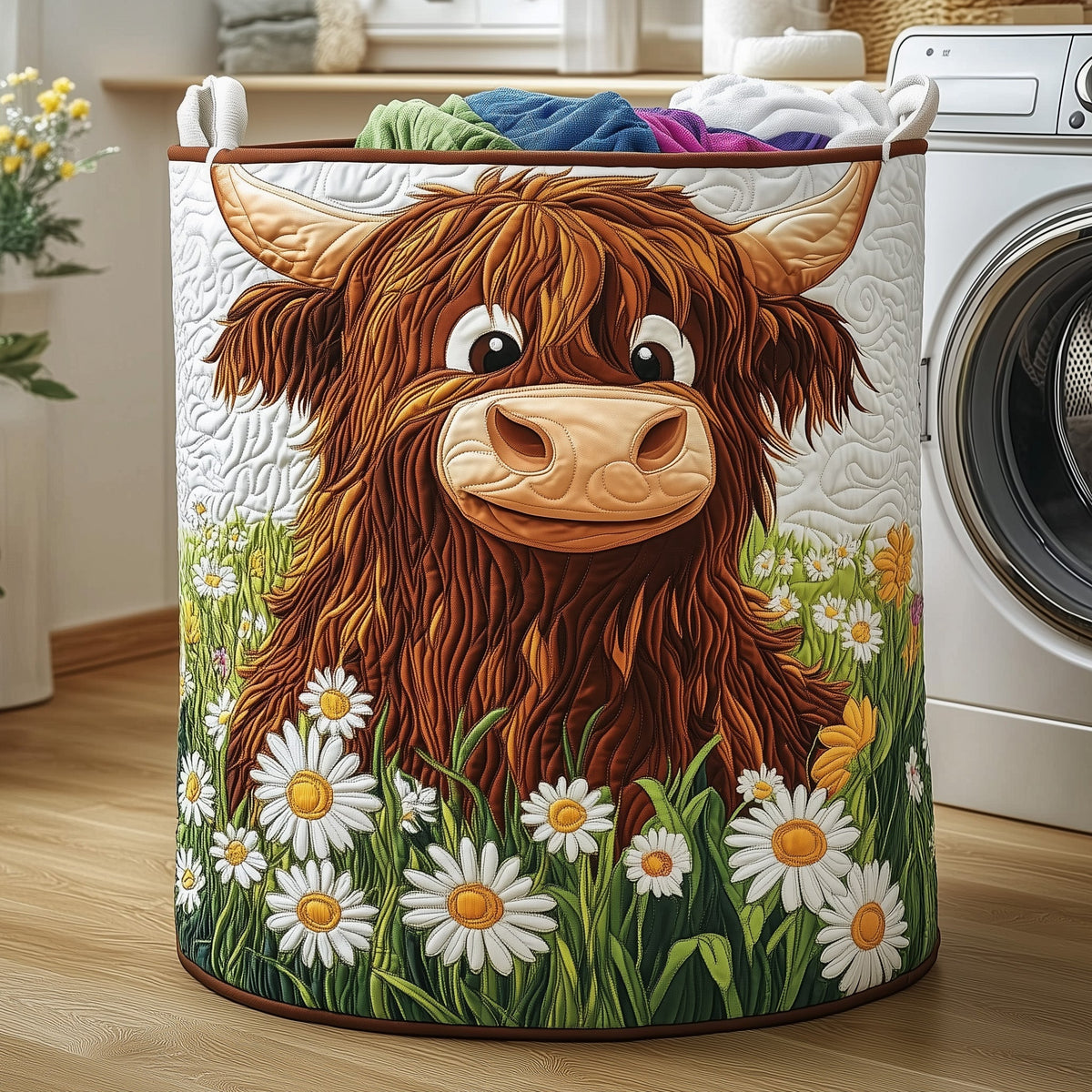 Highland Cow Quilted Laundry Basket Merch For Mom