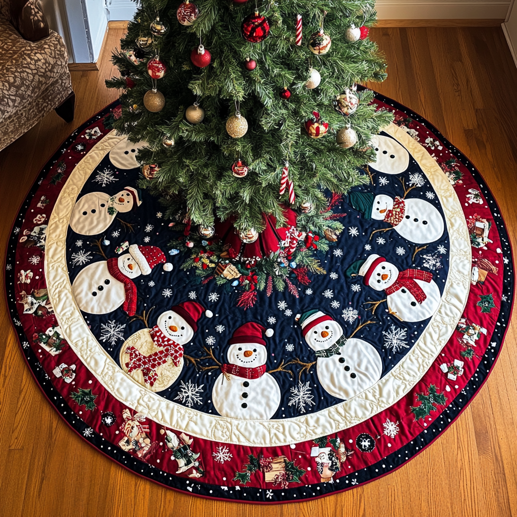 Jolly Snowman Delight Christmas Quilted Tree Skirt Christmas Tree Skirt Gift That Brings Joy