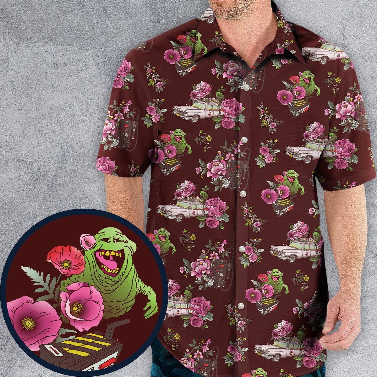 Slimer Ecto-1 Proton Pack Floral Ghostbusters Hawaiian Shirt
