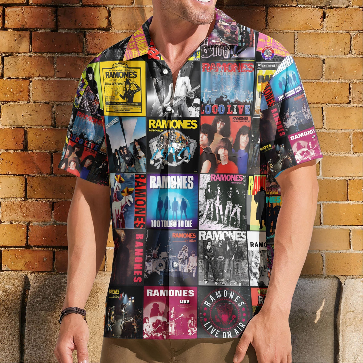Ramones Hawaiian Shirt Album Cover Collage Punk Rock Summer Button Up