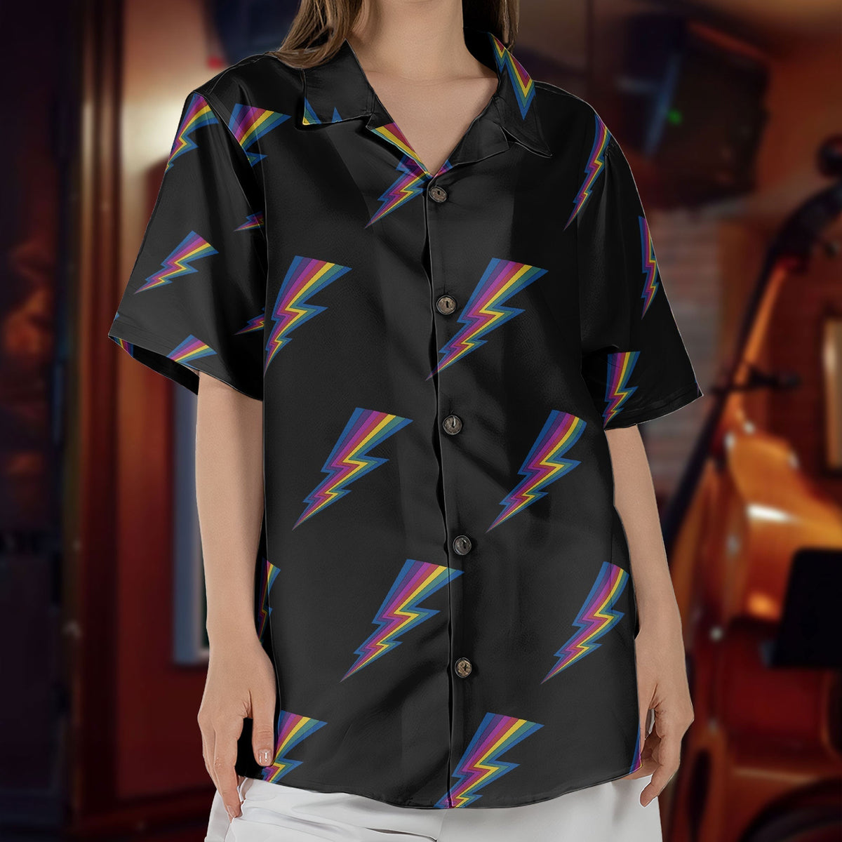 Retro Rainbow Lightning Hawaiian Shirt Glam Rock Vintage Button Up