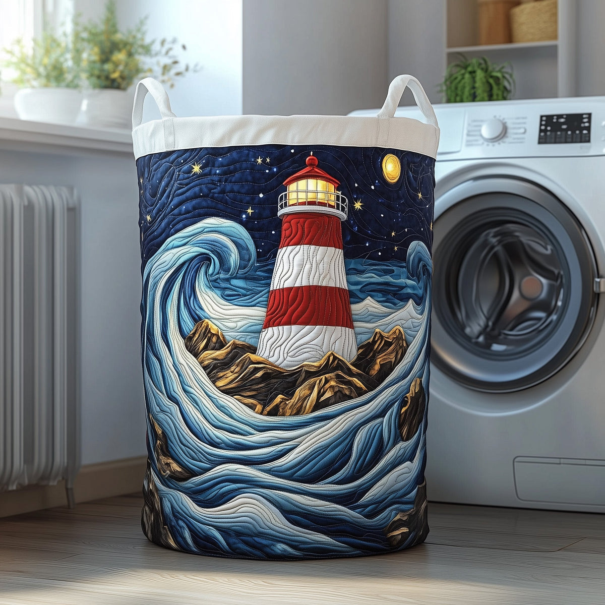 Nautical Lighthouse Quilted Laundry Basket Merch For Home And Bedroom