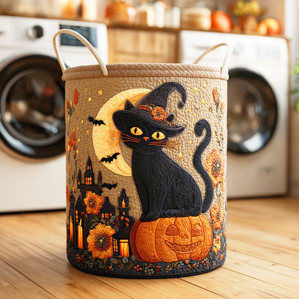 Night Cat Quilted Laundry Basket Mother’s Day Merch Gift