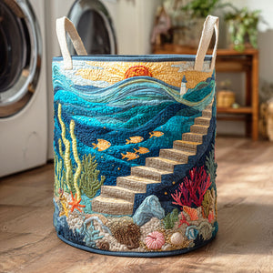 Ocean Stairs Descent Quilted Laundry Basket New Year Merch Gift