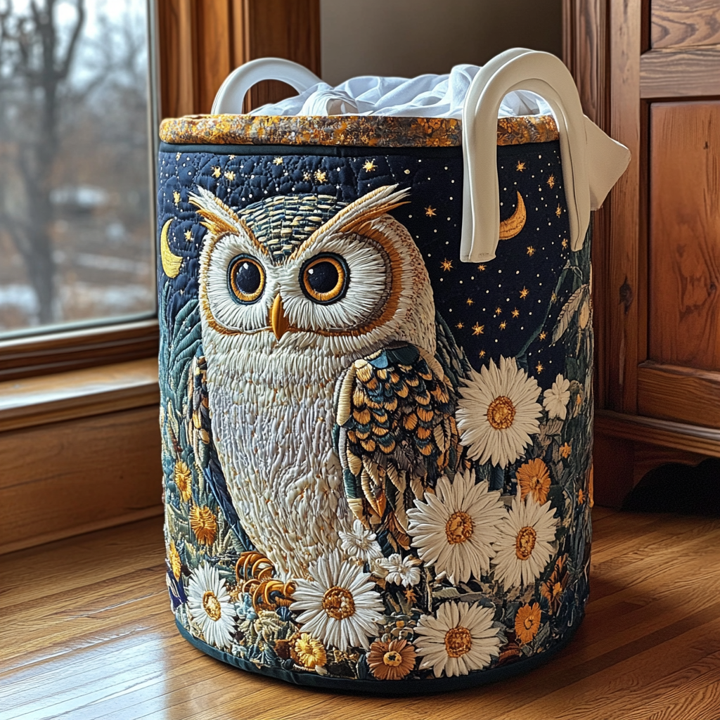 Owl Night Quilted Laundry Basket Winter Merch Essentials