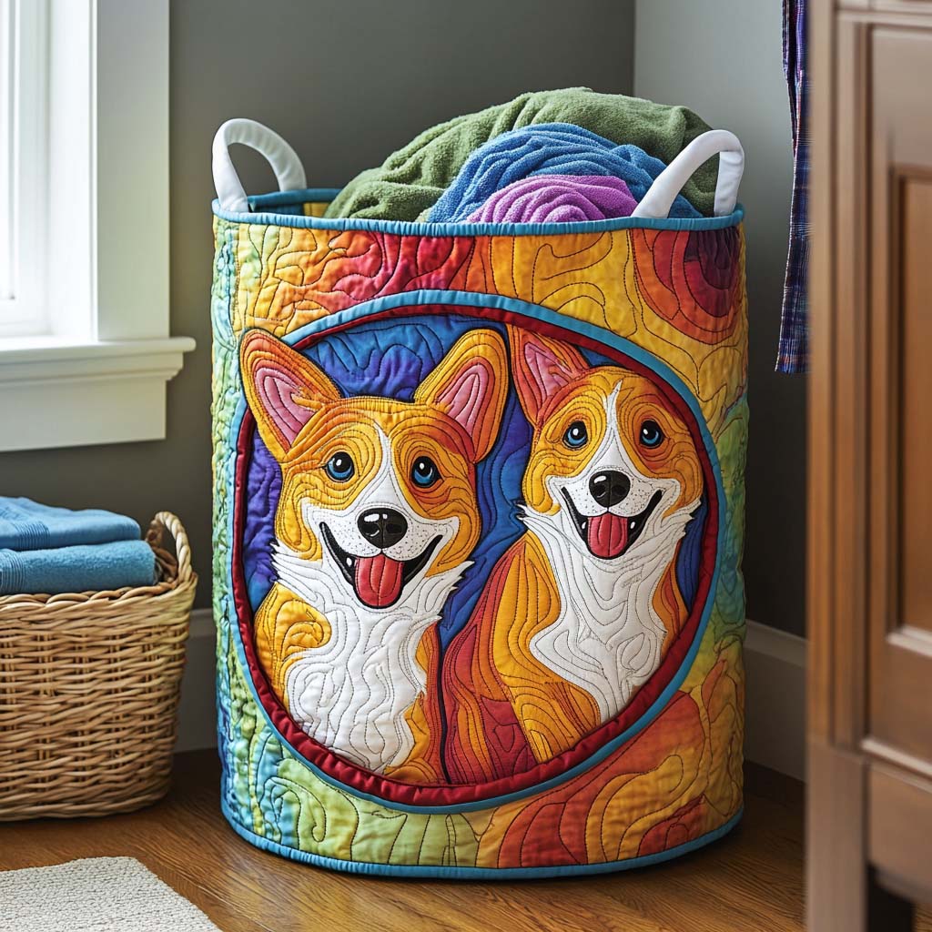 Patchwork Corgi Smile Quilted Laundry Basket Easter Merch Gift