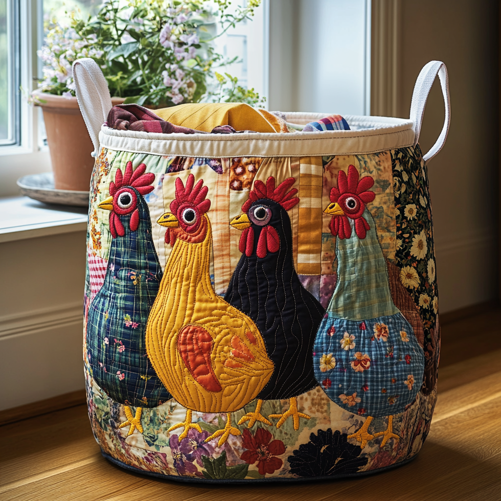 Patchwork Hens Quilted Laundry Basket Top Choice For Housewarming