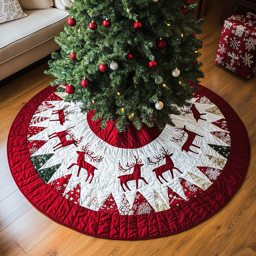 Prancer Parade Christmas Quilted Tree Skirt Perfect Holiday Gift for Home Decor Lovers