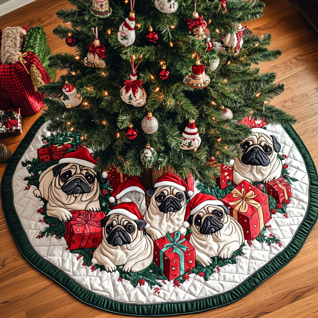 Pug Charm Christmas Quilted Tree Skirt Classic Red and White Tree Skirt for Traditional Decor