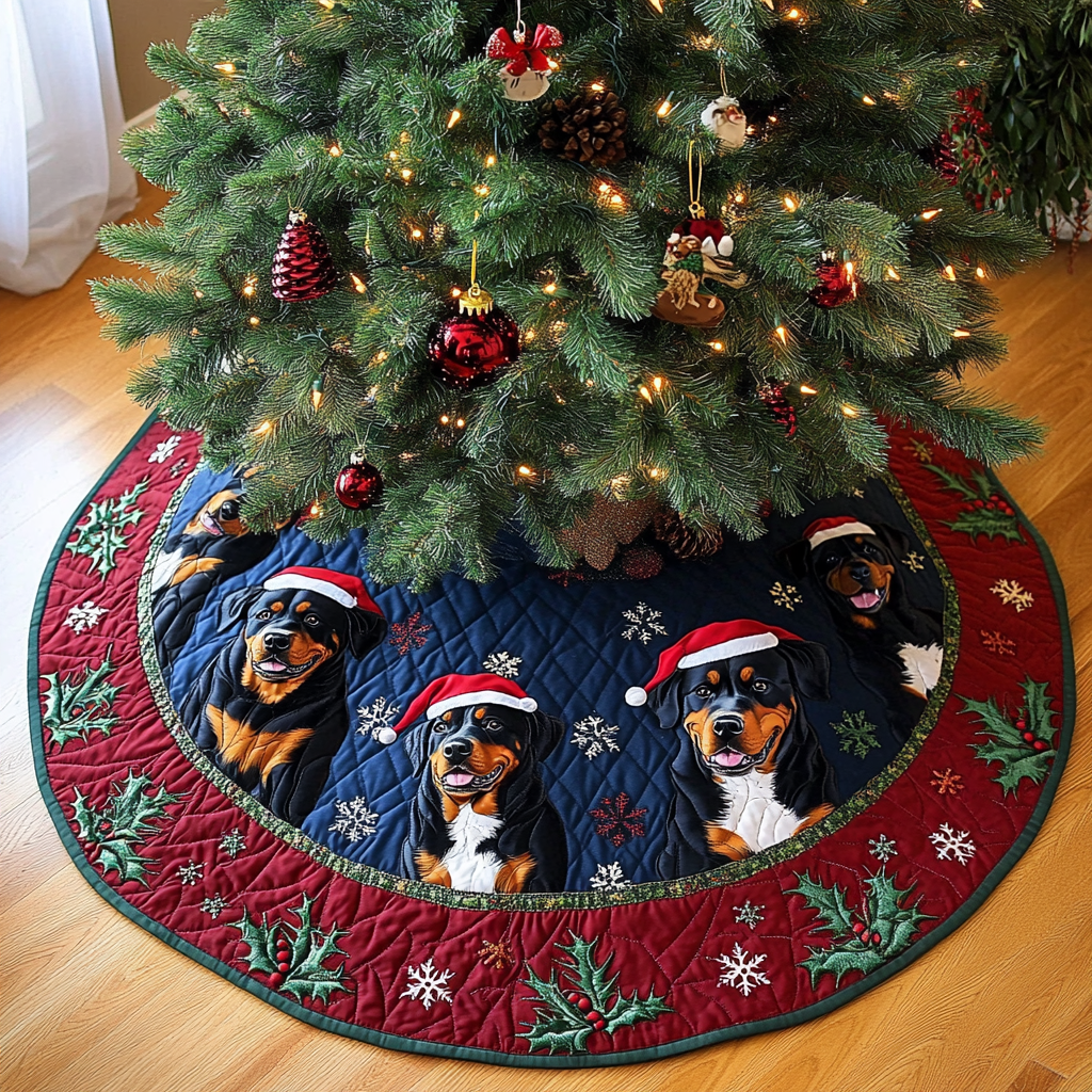 Rottweiler Xmas Joy Christmas Quilted Tree Skirt Exclusive Holiday Tree Skirt Gift for Families
