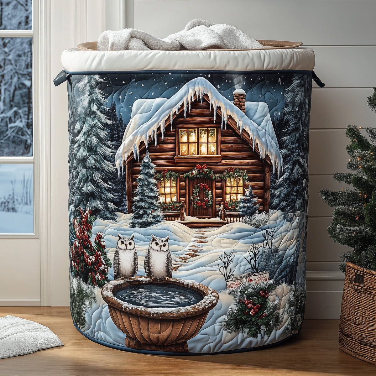 Snow Cabin Quilted Laundry Basket Merch For Her