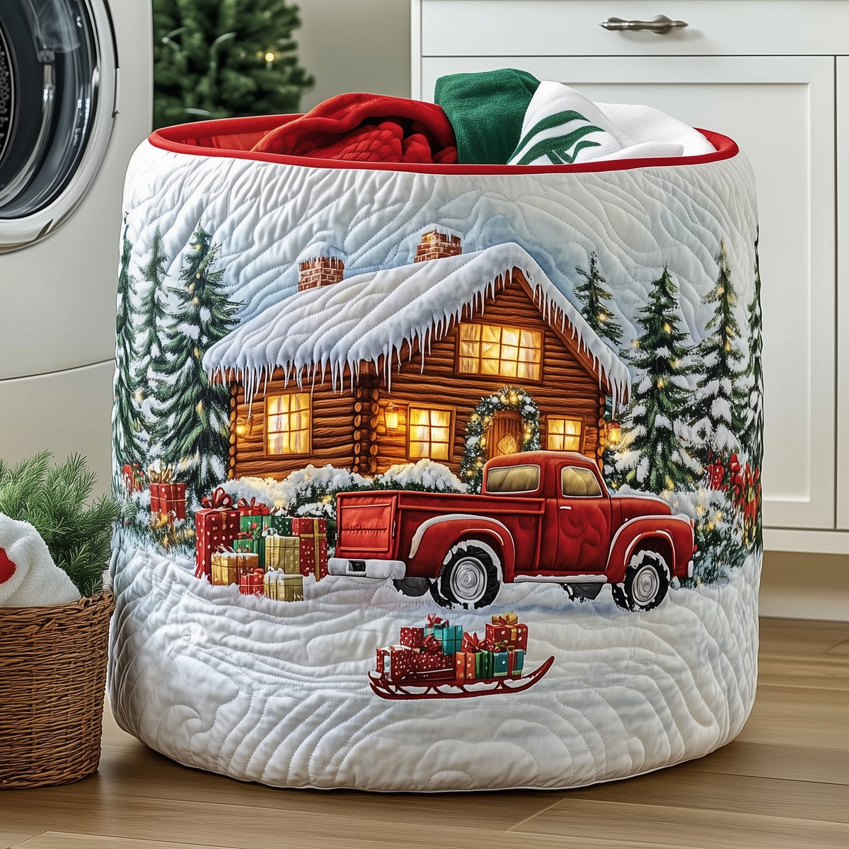 Snow Cabin Quilted Laundry Basket Valentine’s Day Merch Gift