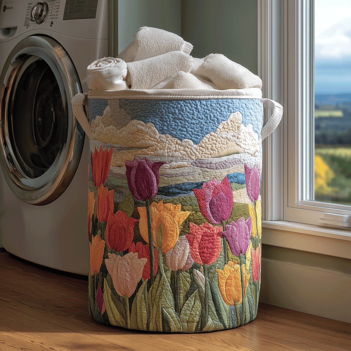 Tulip Field Quilted Laundry Basket Unique Gift For Laundry Lovers