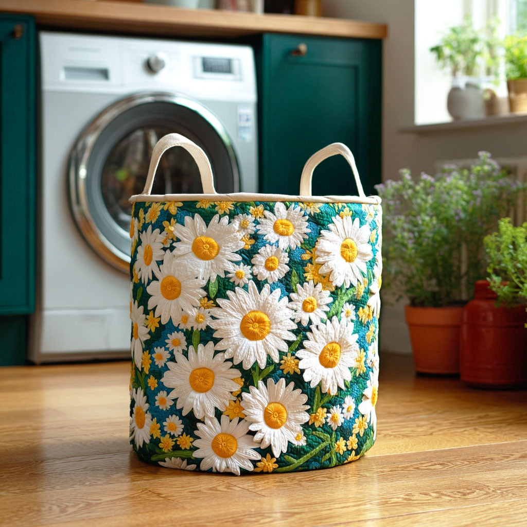 White Daisy Charm Quilted Laundry Basket Merch For Home And Living