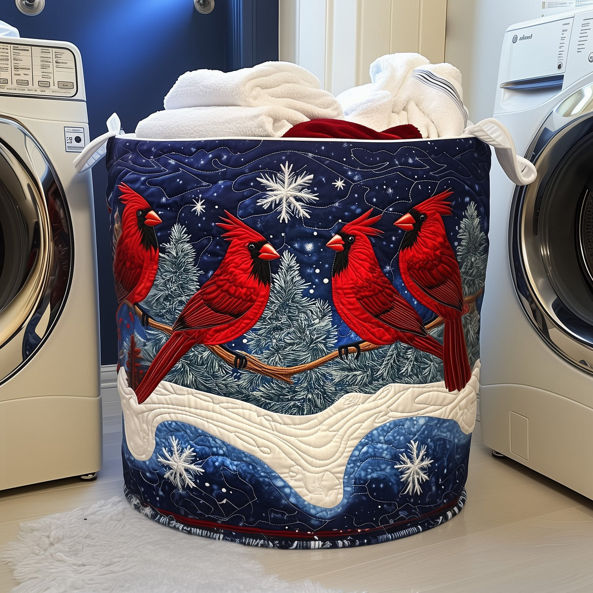 Winter Cardinals Quilted Laundry Basket Merch For Family Time