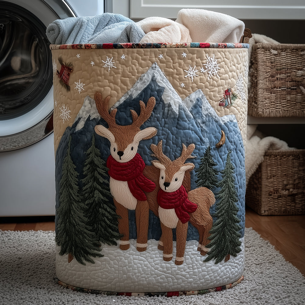Woodland Reindeer Quilted Laundry Basket Thanksgiving Merch Gift