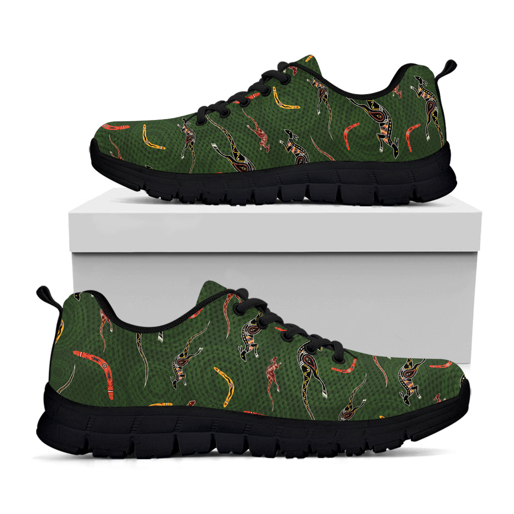 Aboriginal Boomerang And Kangaroo Print Black Running Shoes