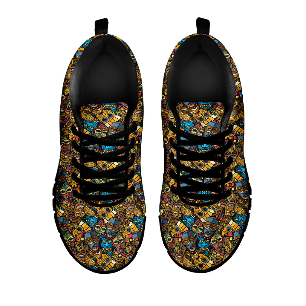 African Totem Masks Pattern Print Black Running Shoes