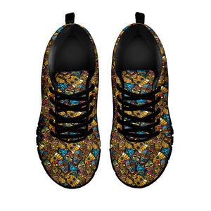 African Totem Masks Pattern Print Black Running Shoes