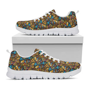 African Totem Masks Pattern Print White Running Shoes