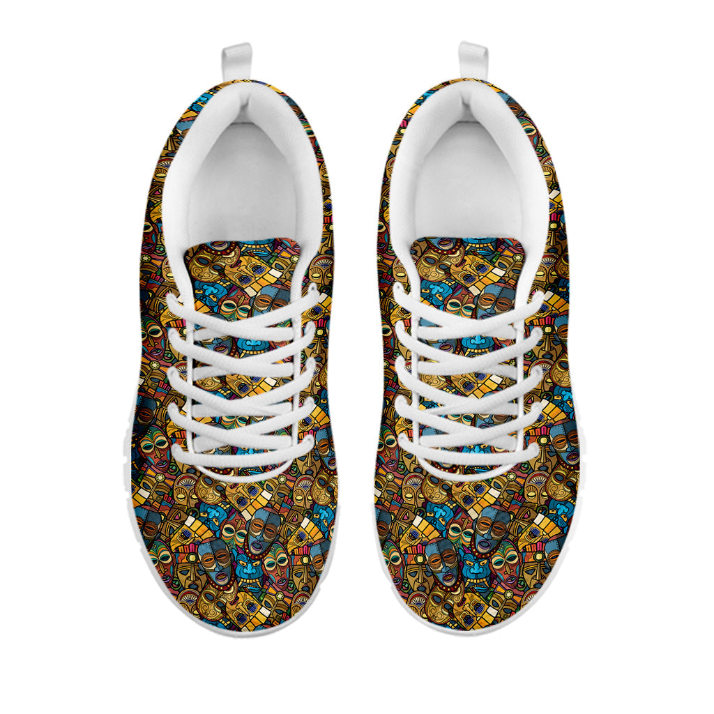 African Totem Masks Pattern Print White Running Shoes