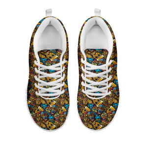 African Totem Masks Pattern Print White Running Shoes