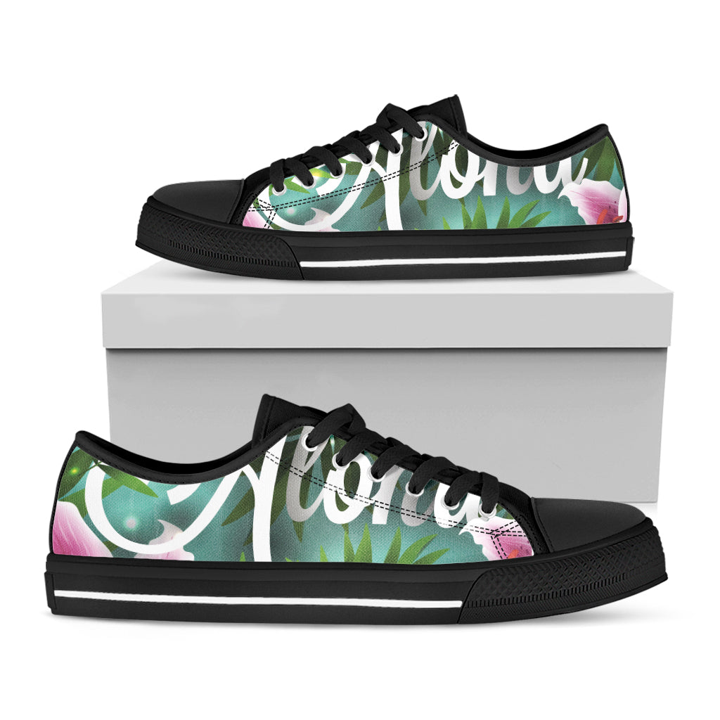 Aloha Hawaiian Flower Print Black Low Top Sneakers