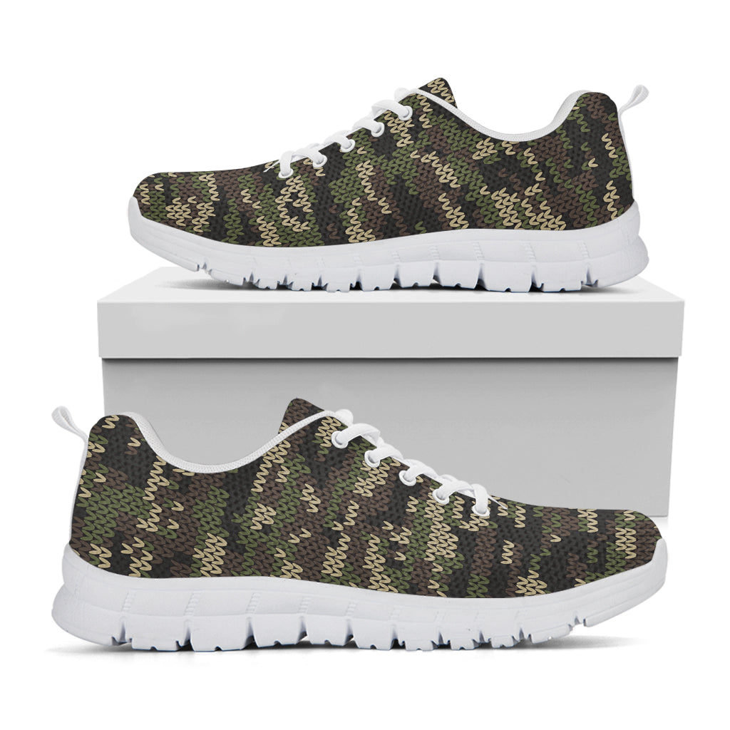 Army Camouflage Knitted Pattern Print White Running Shoes