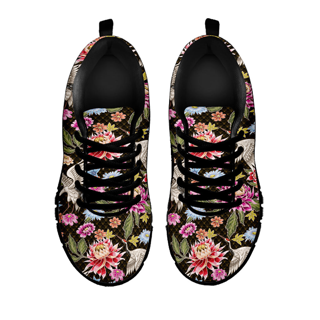Asian Crane Bird Pattern Print Black Running Shoes
