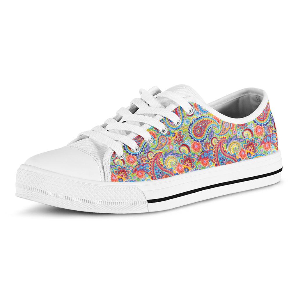 Asian Paisley Pattern Print White Low Top Sneakers