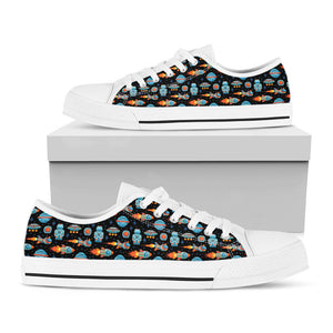 Astronaut And Space Pixel Pattern Print White Low Top Sneakers