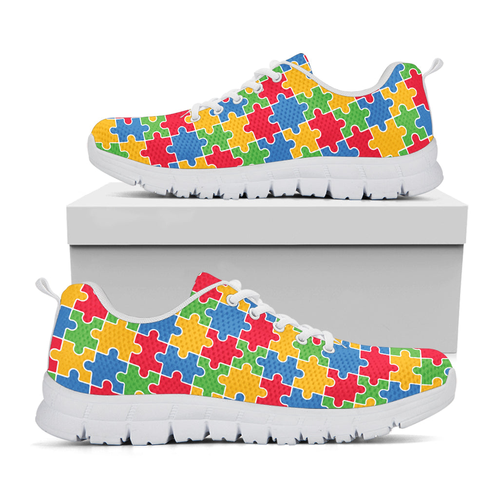 Autism Awareness Jigsaw Pattern Print White Running Shoes
