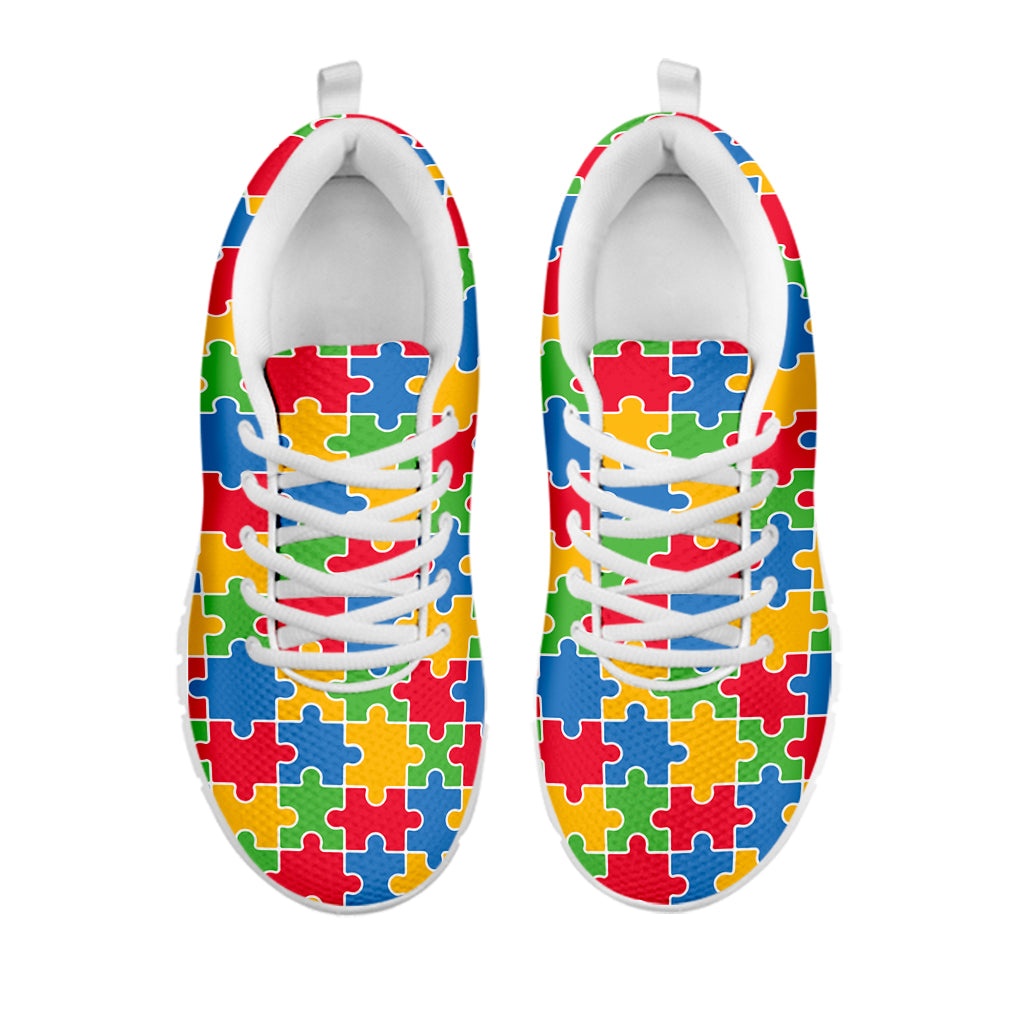 Autism Awareness Jigsaw Pattern Print White Running Shoes