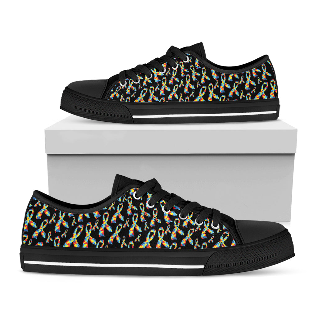 Autism Awareness Ribbon Pattern Print Black Low Top Sneakers