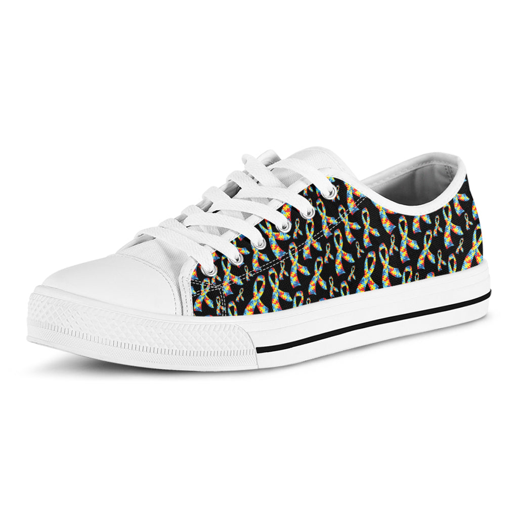 Autism Awareness Ribbon Pattern Print White Low Top Sneakers