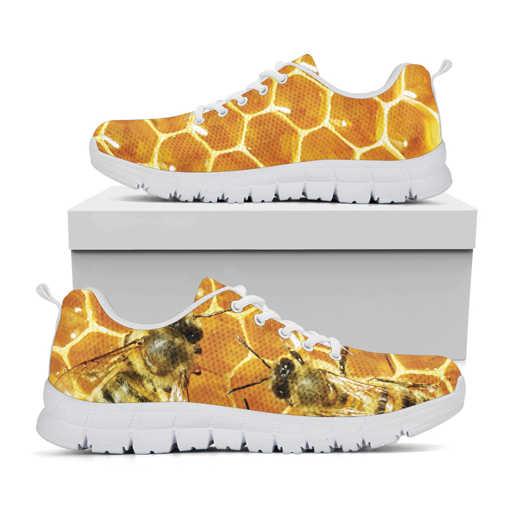 Bees And Honeycomb Print White Running Shoes