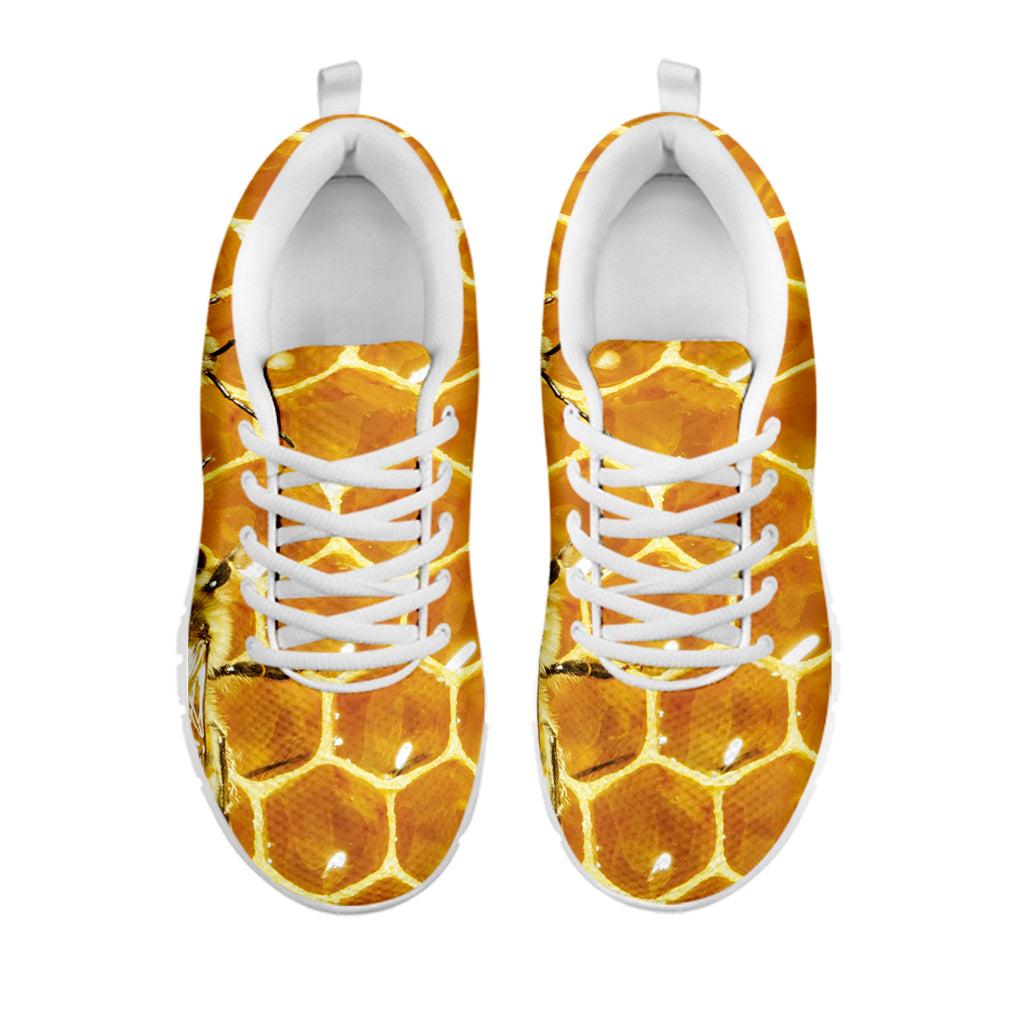 Bees And Honeycomb Print White Running Shoes