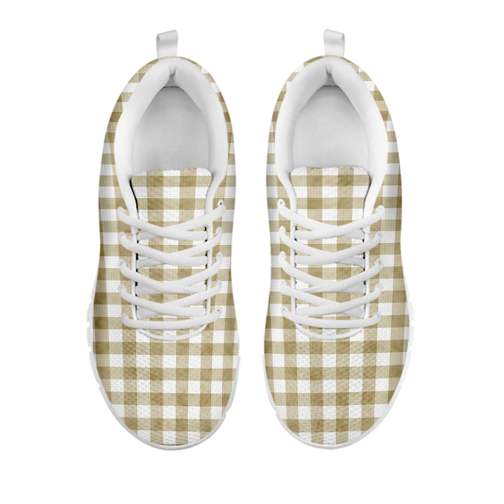 Beige And White Gingham Pattern Print White Running Shoes