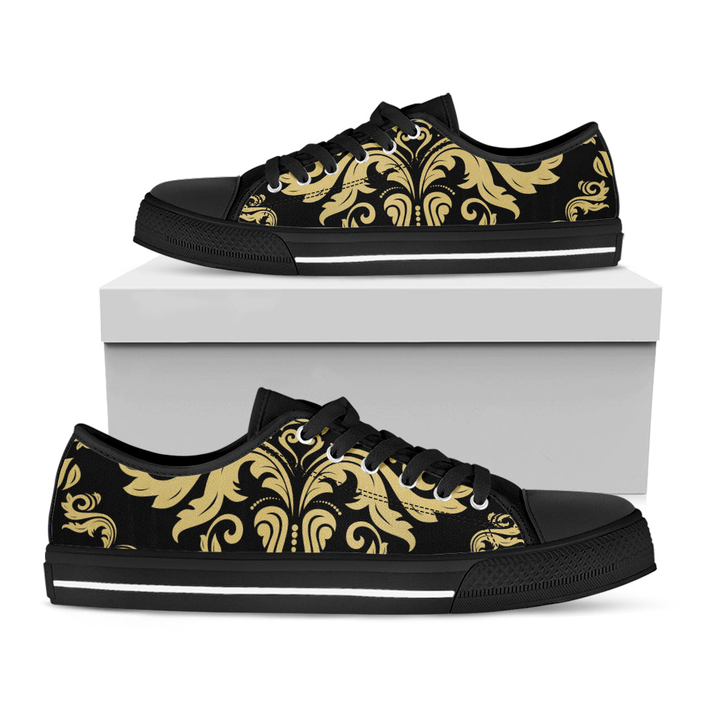Black And Beige Damask Pattern Print Black Low Top Sneakers