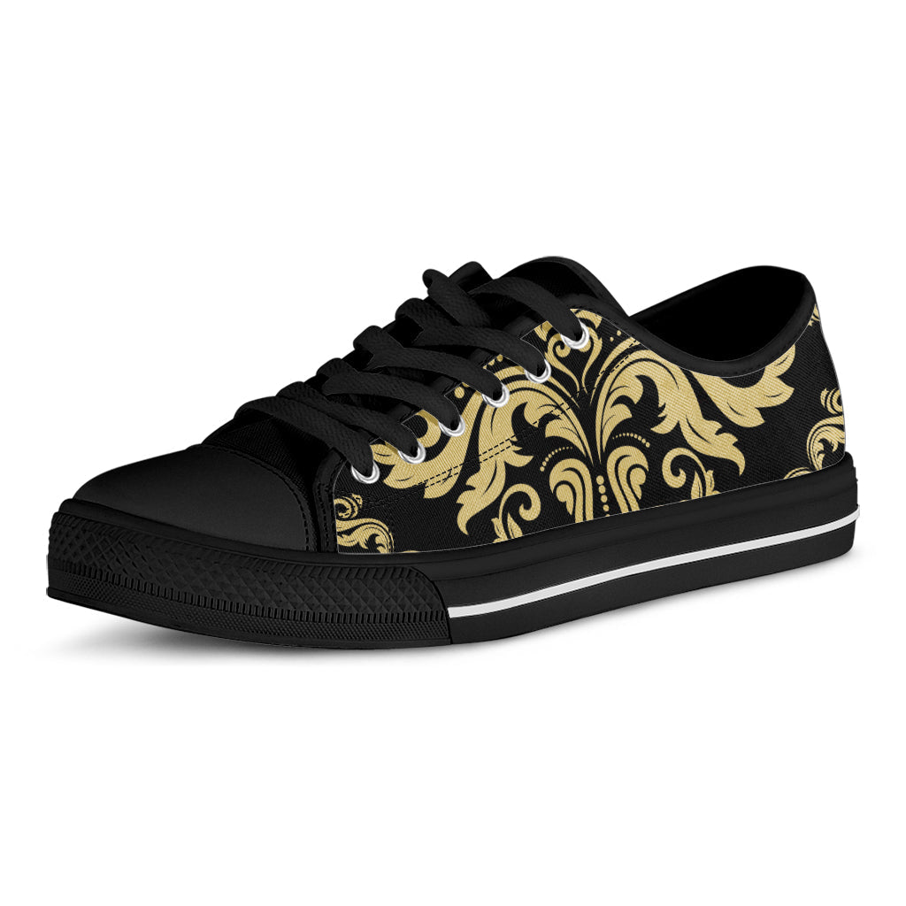 Black And Beige Damask Pattern Print Black Low Top Sneakers