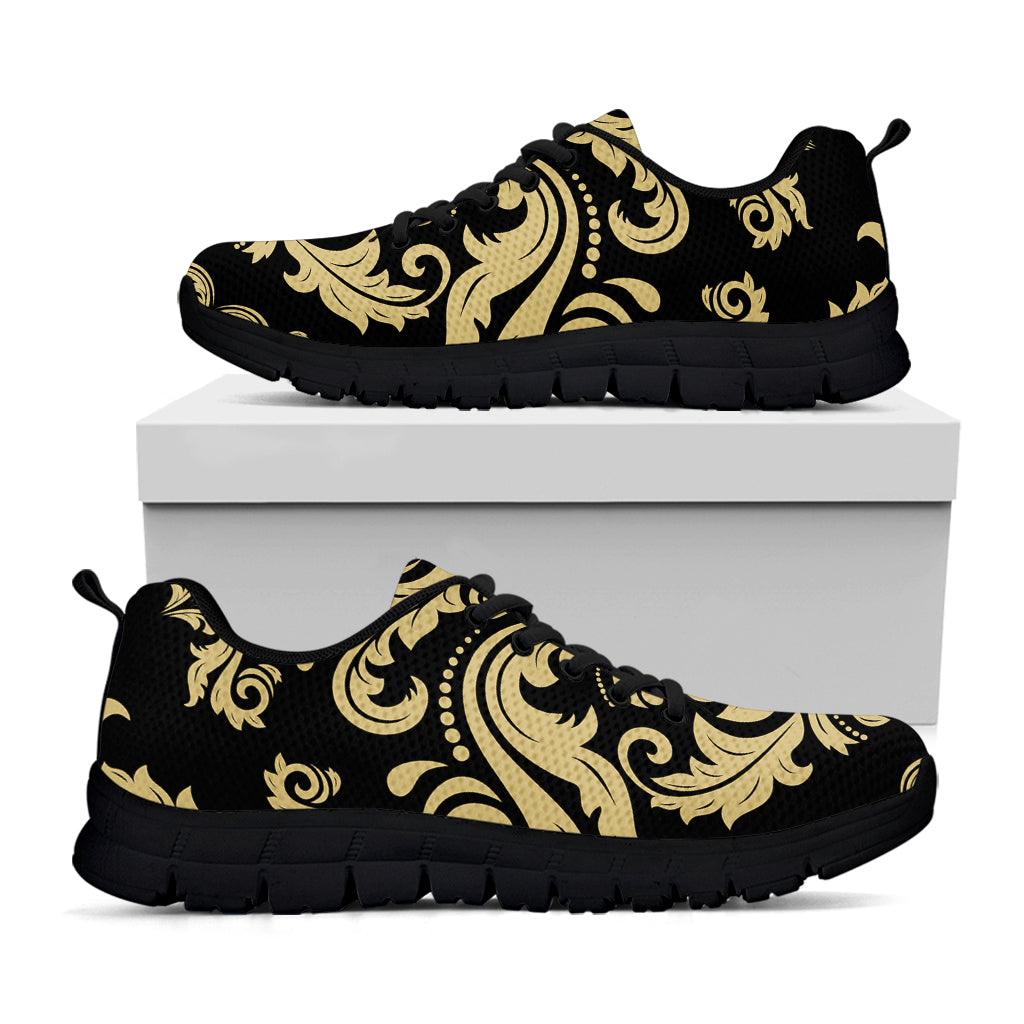 Black And Beige Damask Pattern Print Black Running Shoes