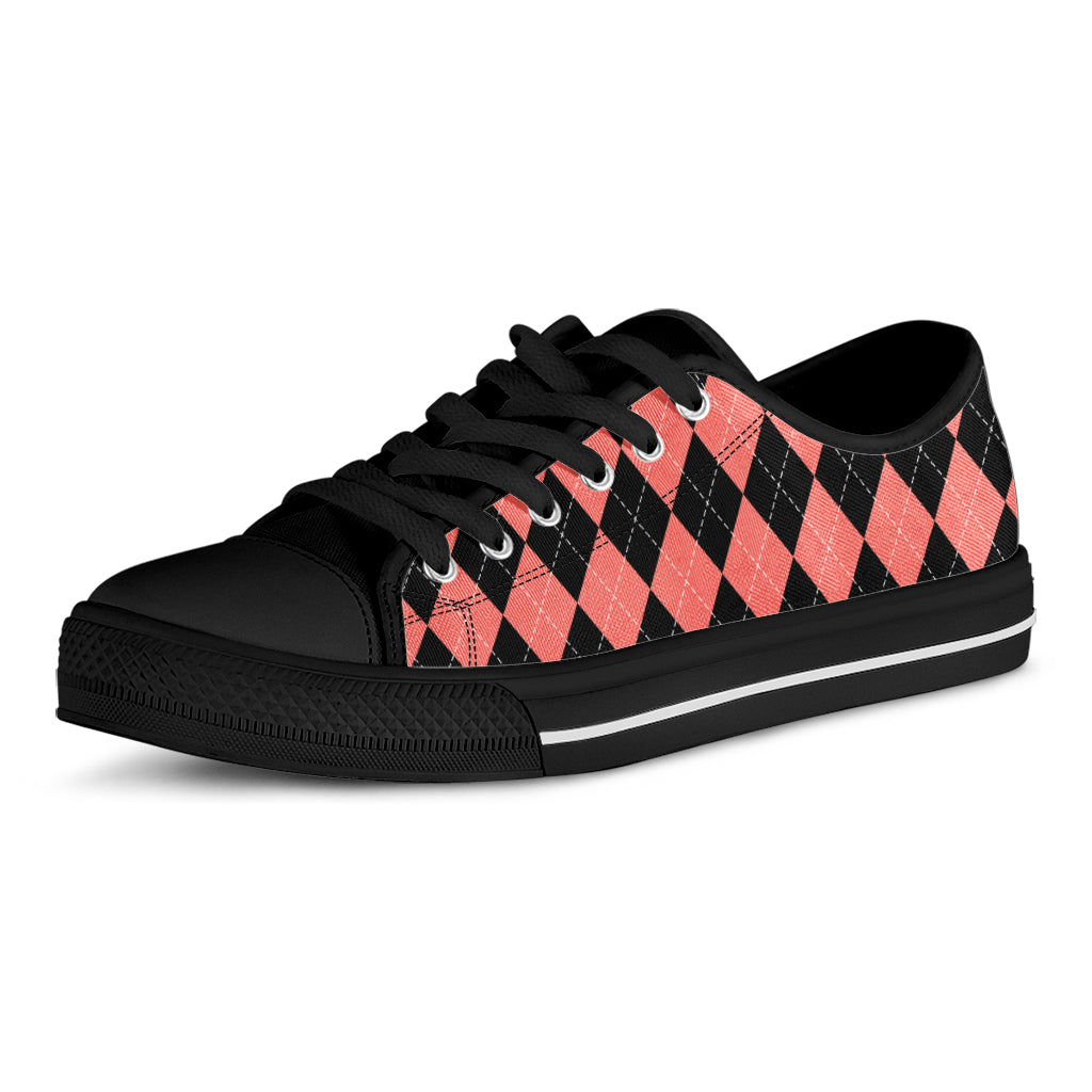 Black And Coral Argyle Pattern Print Black Low Top Sneakers
