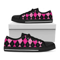 Black And Deep Pink Argyle Pattern Print Black Low Top Sneakers