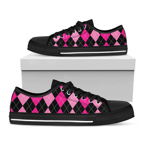 Black And Deep Pink Argyle Pattern Print Black Low Top Sneakers