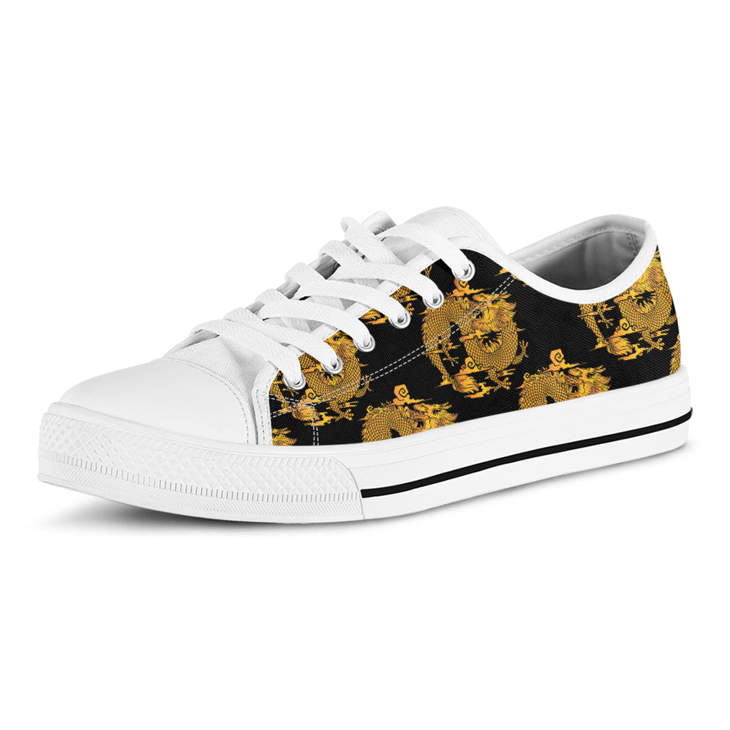 Black And Gold Dragon Pattern Print White Low Top Sneakers